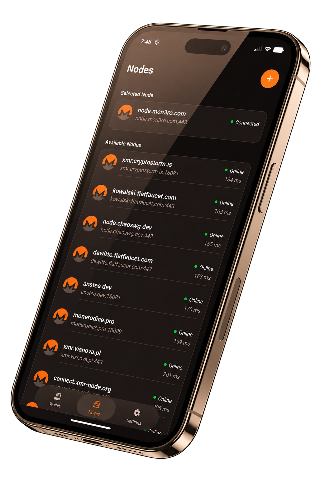 XMR Labs Nodes screen showing the selected node and measured latency