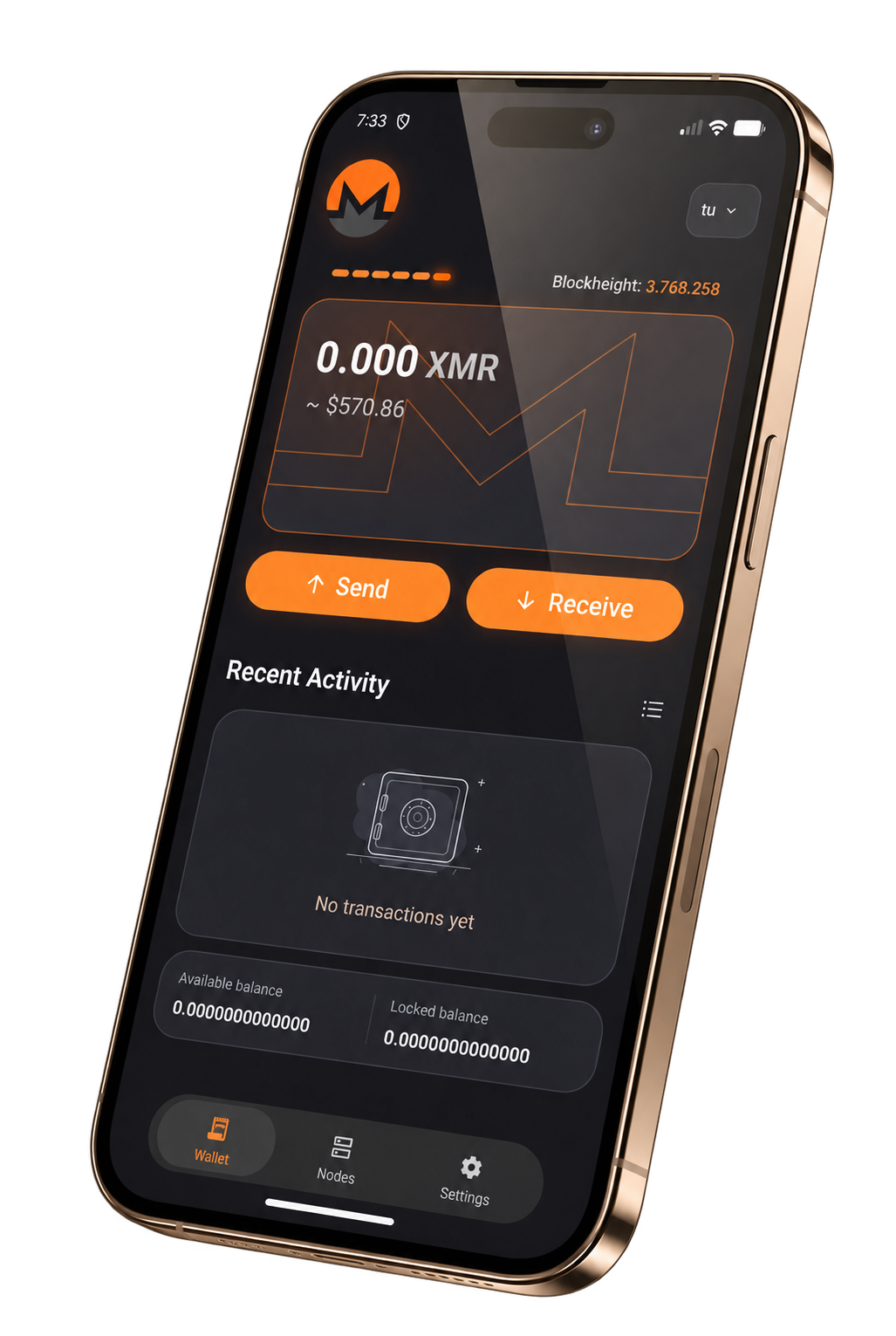 XMR Labs wallet showing a zero XMR balance and recent activity