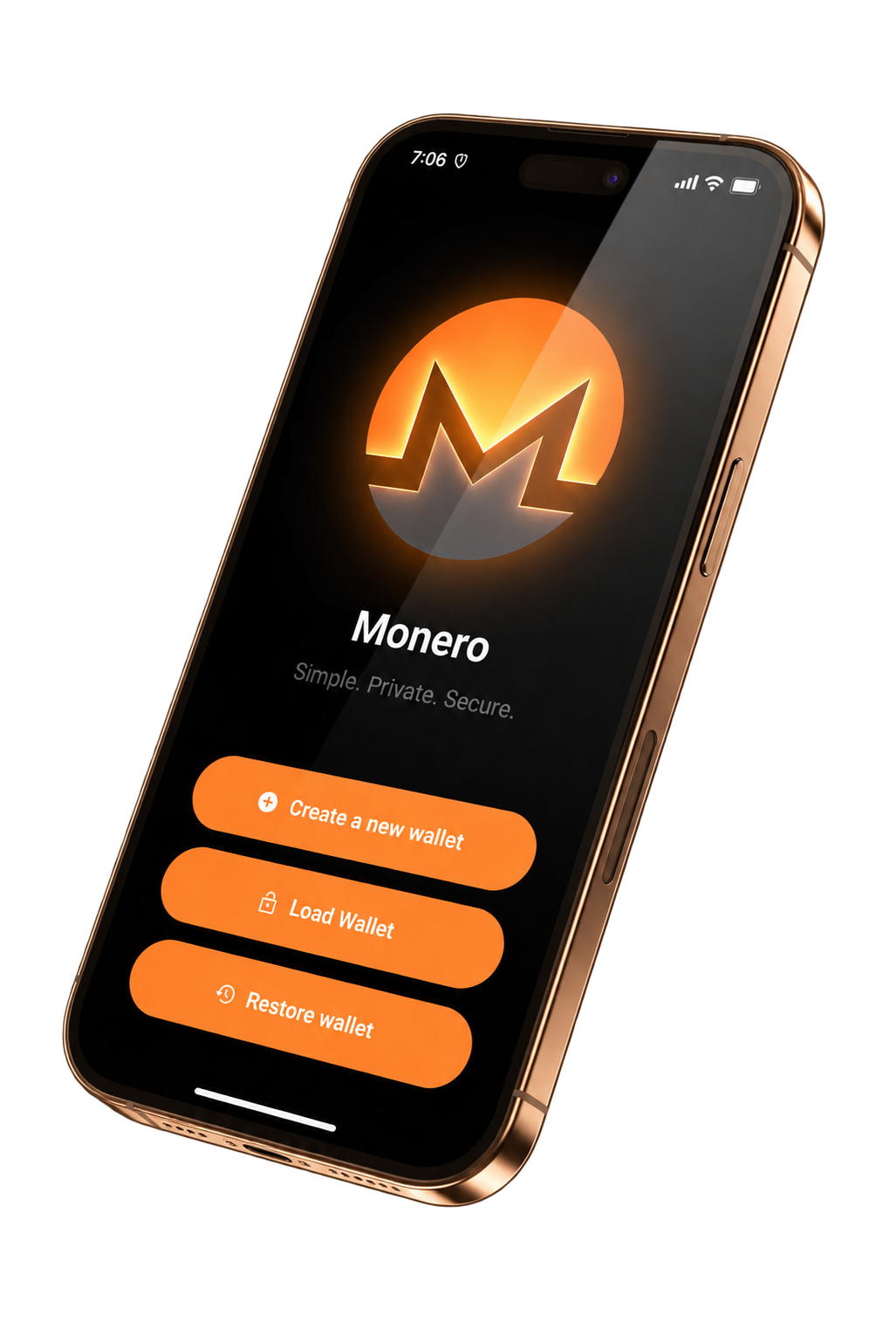 XMR Labs welcome screen with create, load, and restore wallet actions